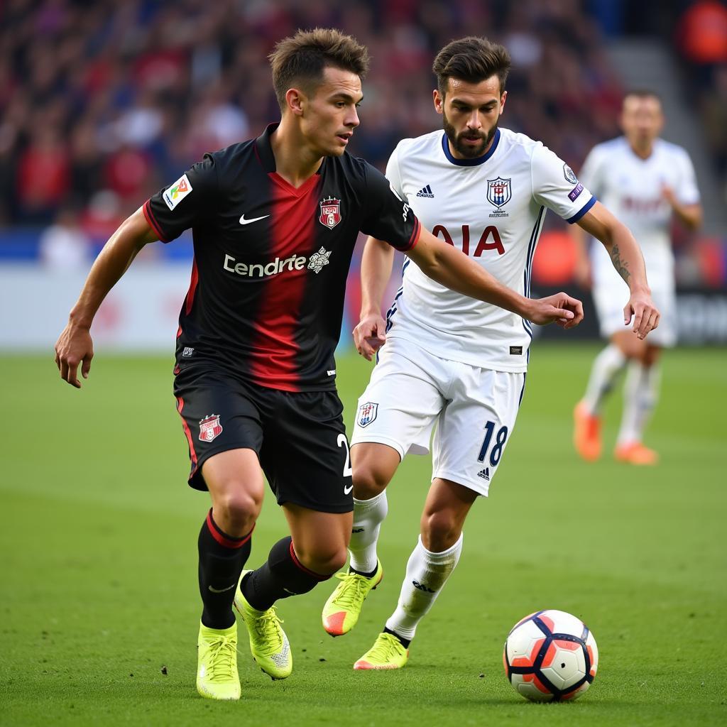 A football player born on the 26th skillfully dribbling the ball past an opponent