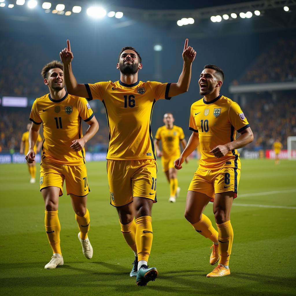 Football player celebrating victory with teammates