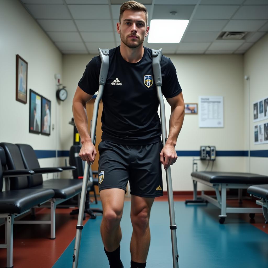 Football player on crutches during rehabilitation