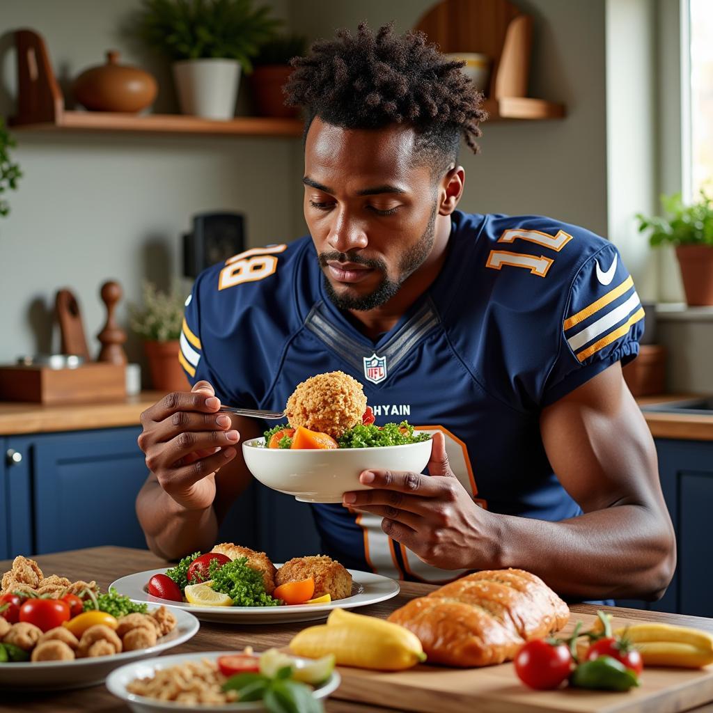 Football Player Eating a Healthy Meal