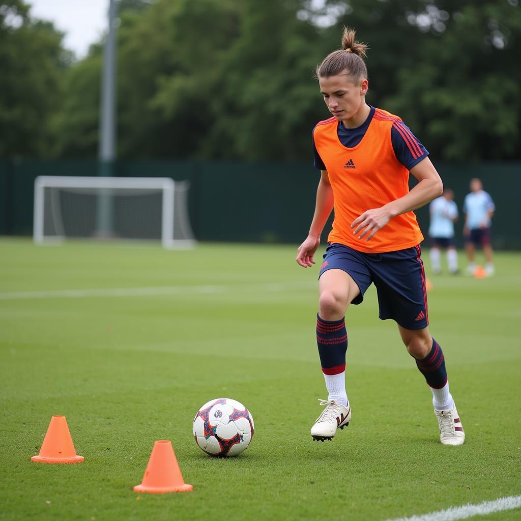 Football player practicing ball control drills