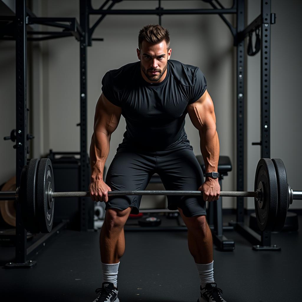 Football player engaged in strength training in the gym