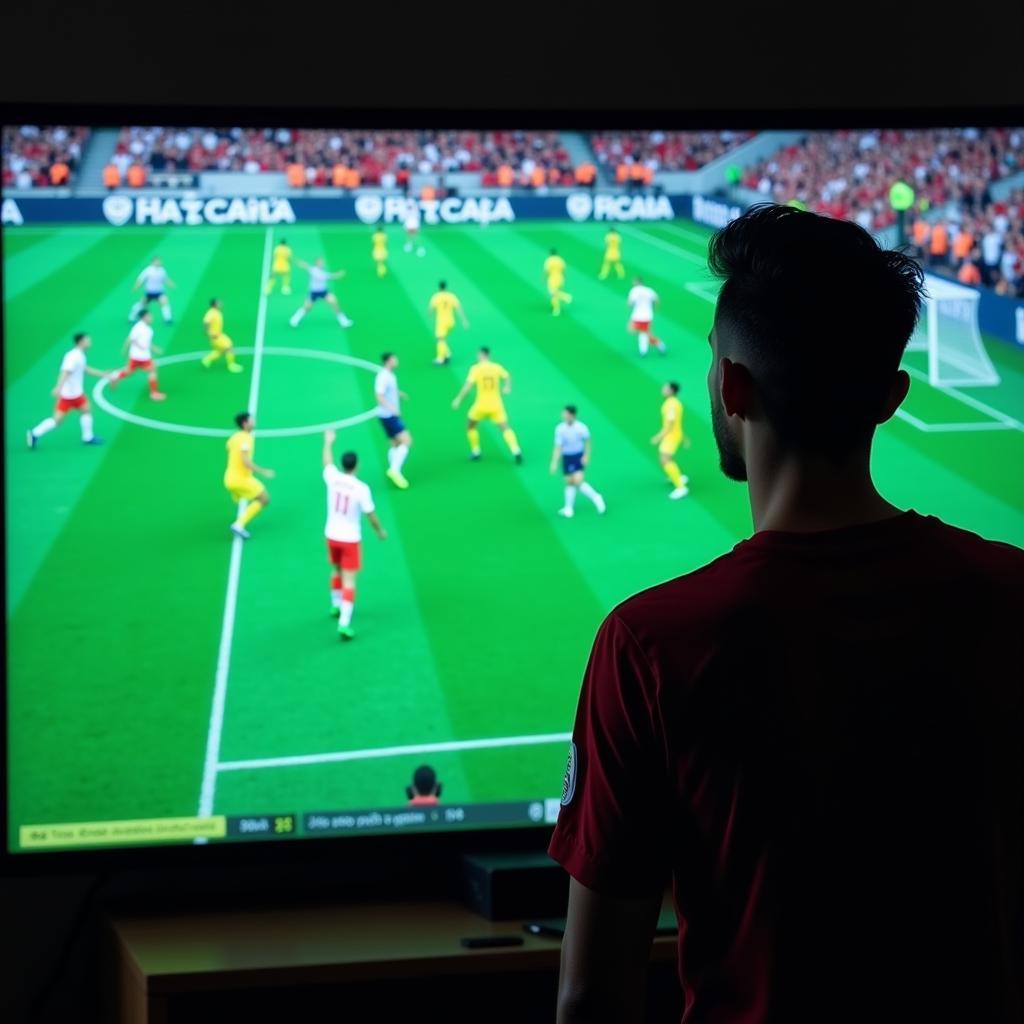 Football player analyzing tactics on a screen