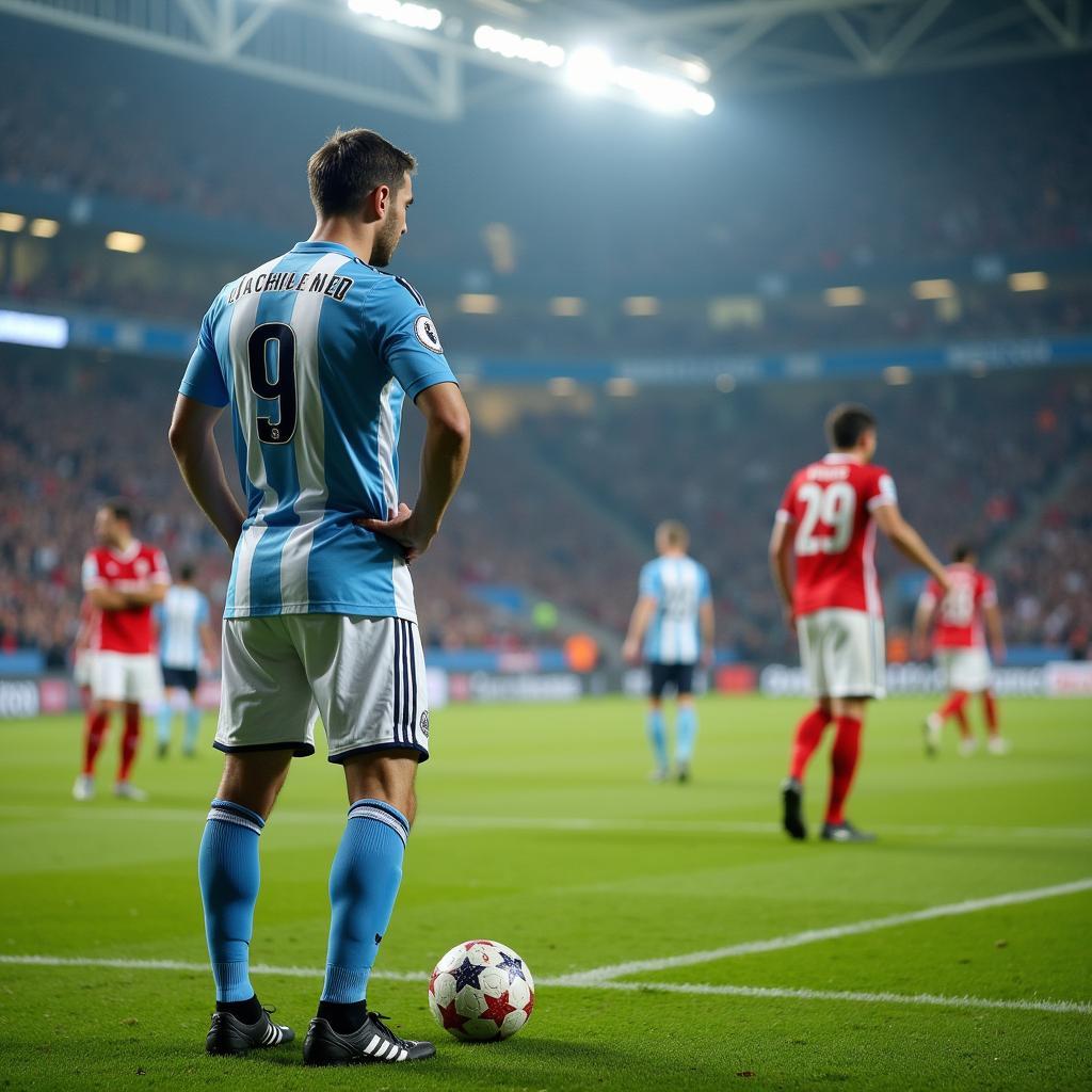 A football player looking up and scanning the field, demonstrating tactical awareness and strategic thinking.