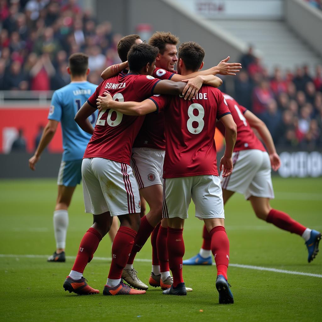 Football players celebrating a goal together