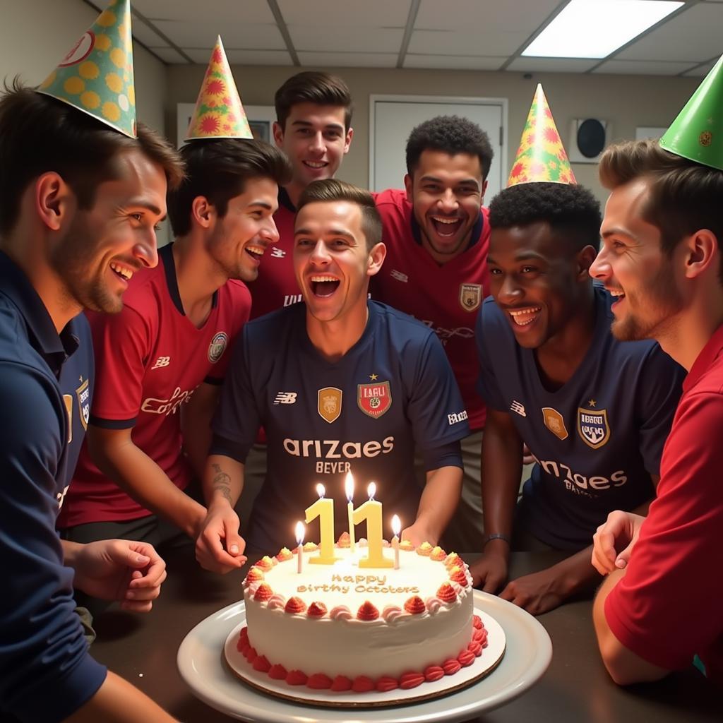 Football players born on October 11th celebrating their birthday together.