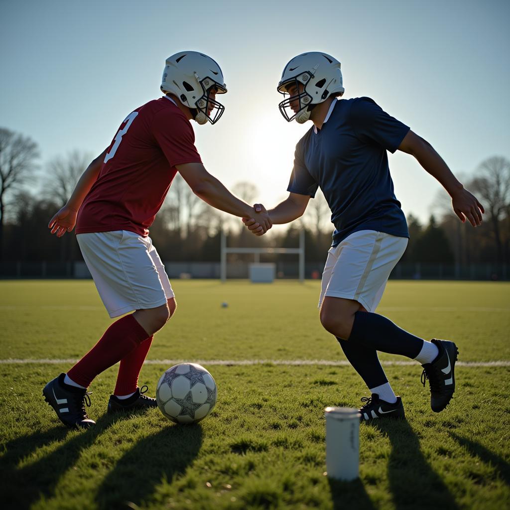 Football players shaking hands, demonstrating fair play.