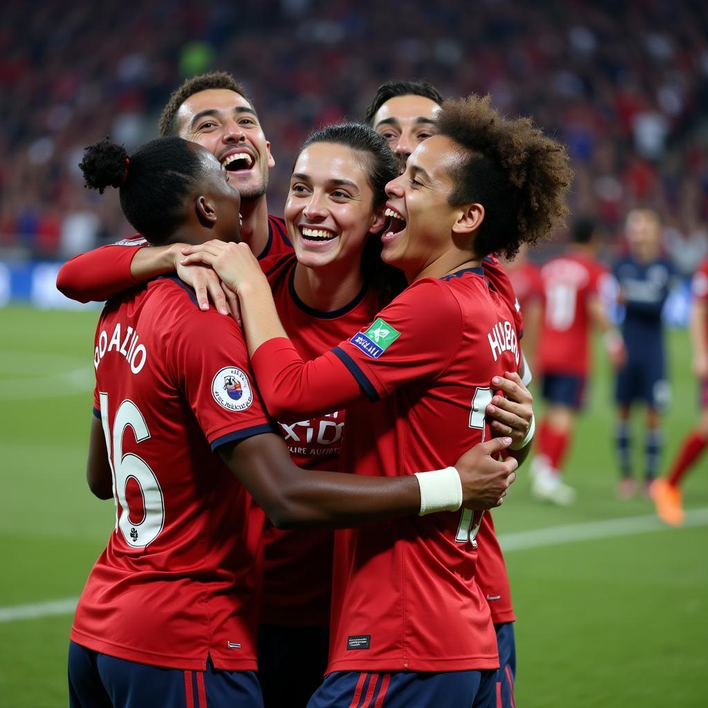 Football Team Celebrating a Goal: The joy of teamwork and shared success on the field.