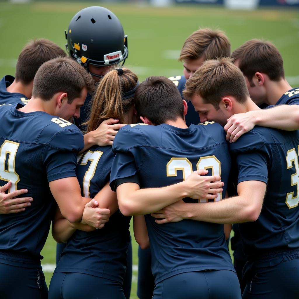 A football team huddles in remembrance of a teammate.