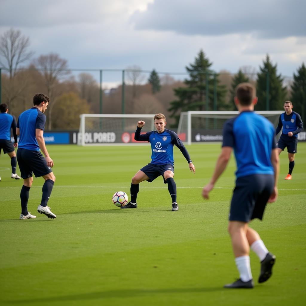 Players engaged in rigorous training drills focused on agility and passing accuracy.