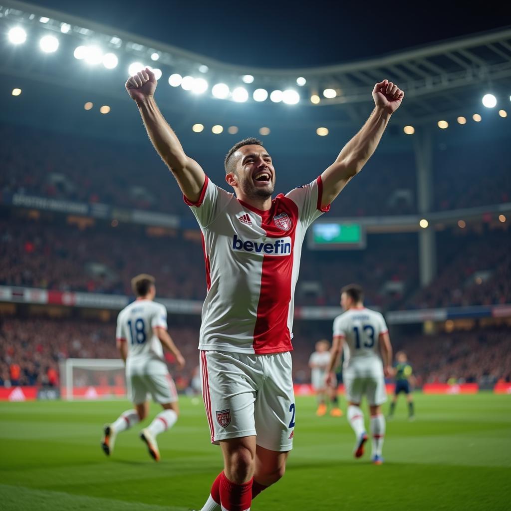 Handsome footballer celebrating a goal with teammates.