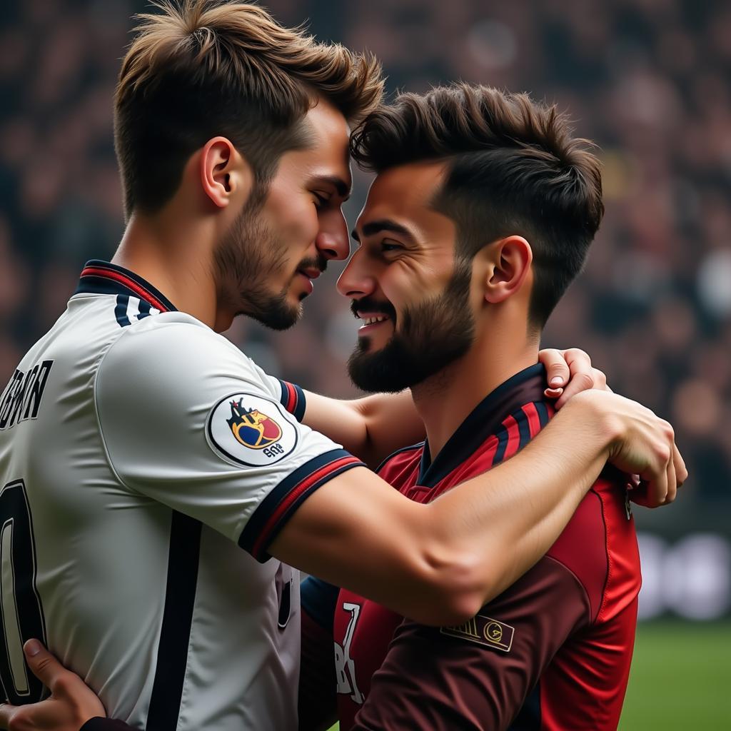 Footballer embracing his partner in a film scene