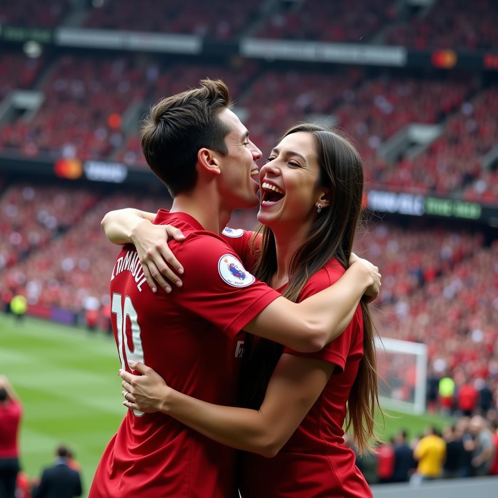 Footballer and his girlfriend celebrating a victory in a packed stadium