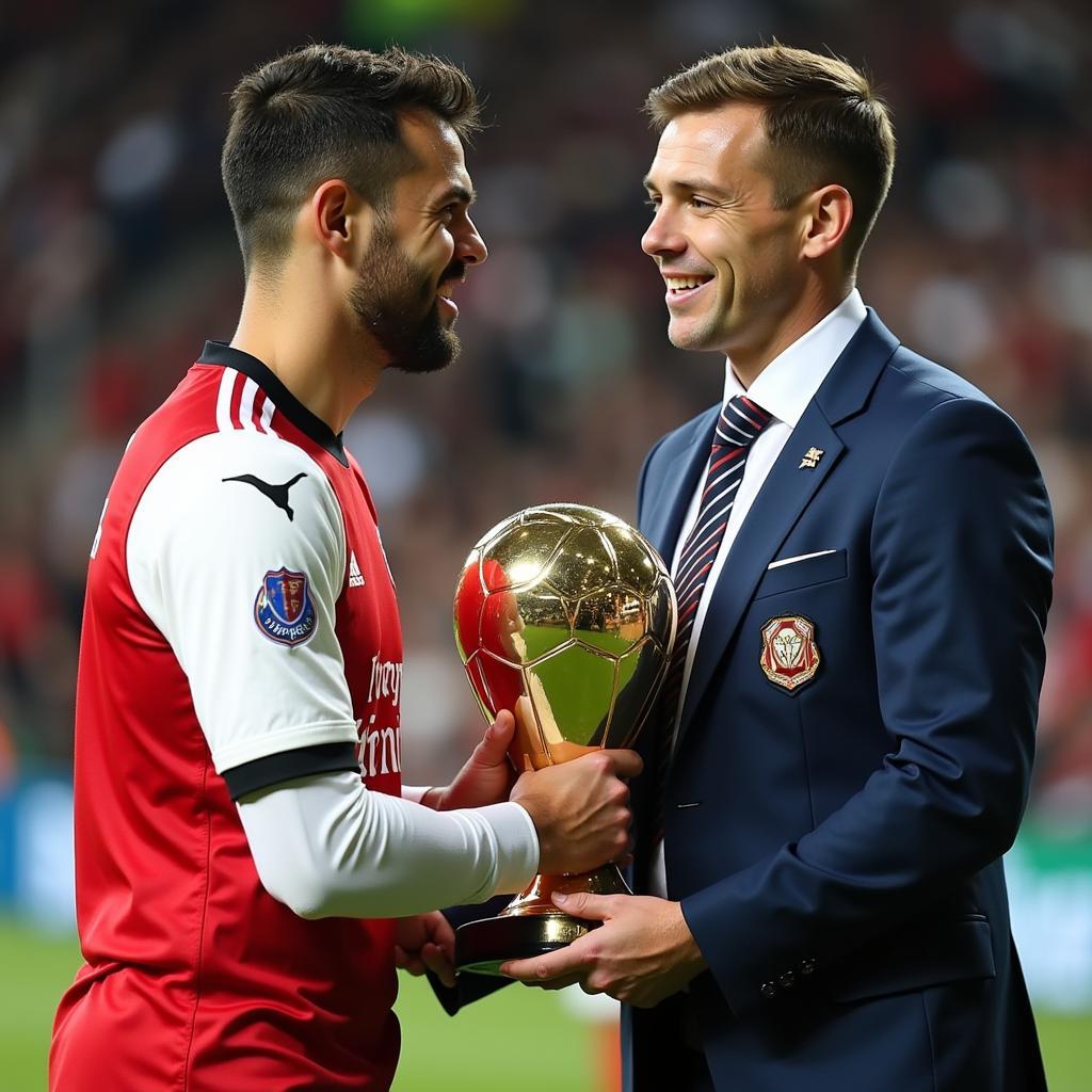 Footballer receiving an award