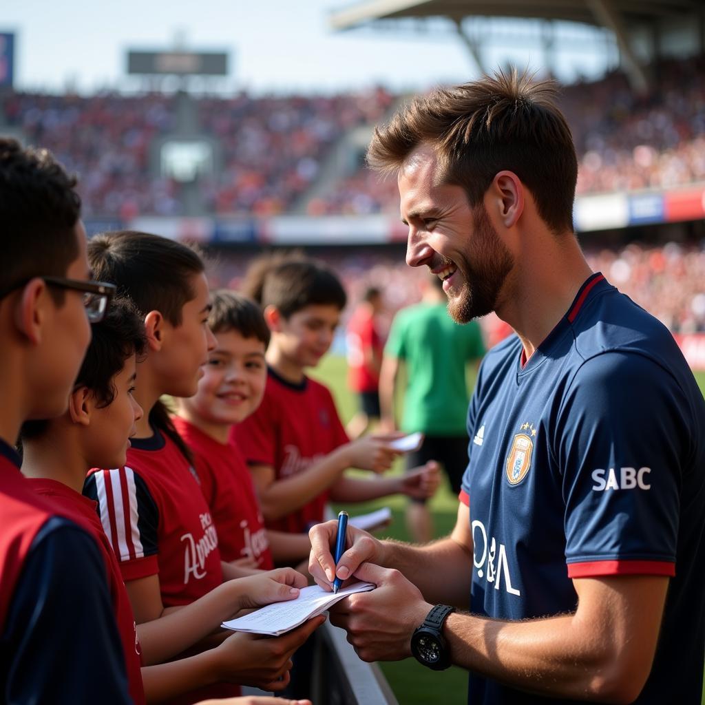 A footballer signing autographs for young fans.