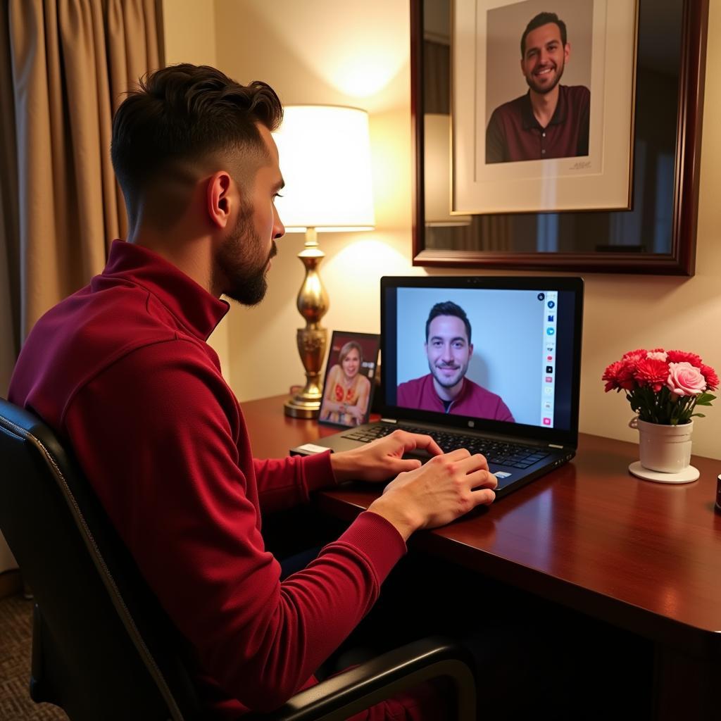 Footballer on a Video Call with Partner on Valentine's Day