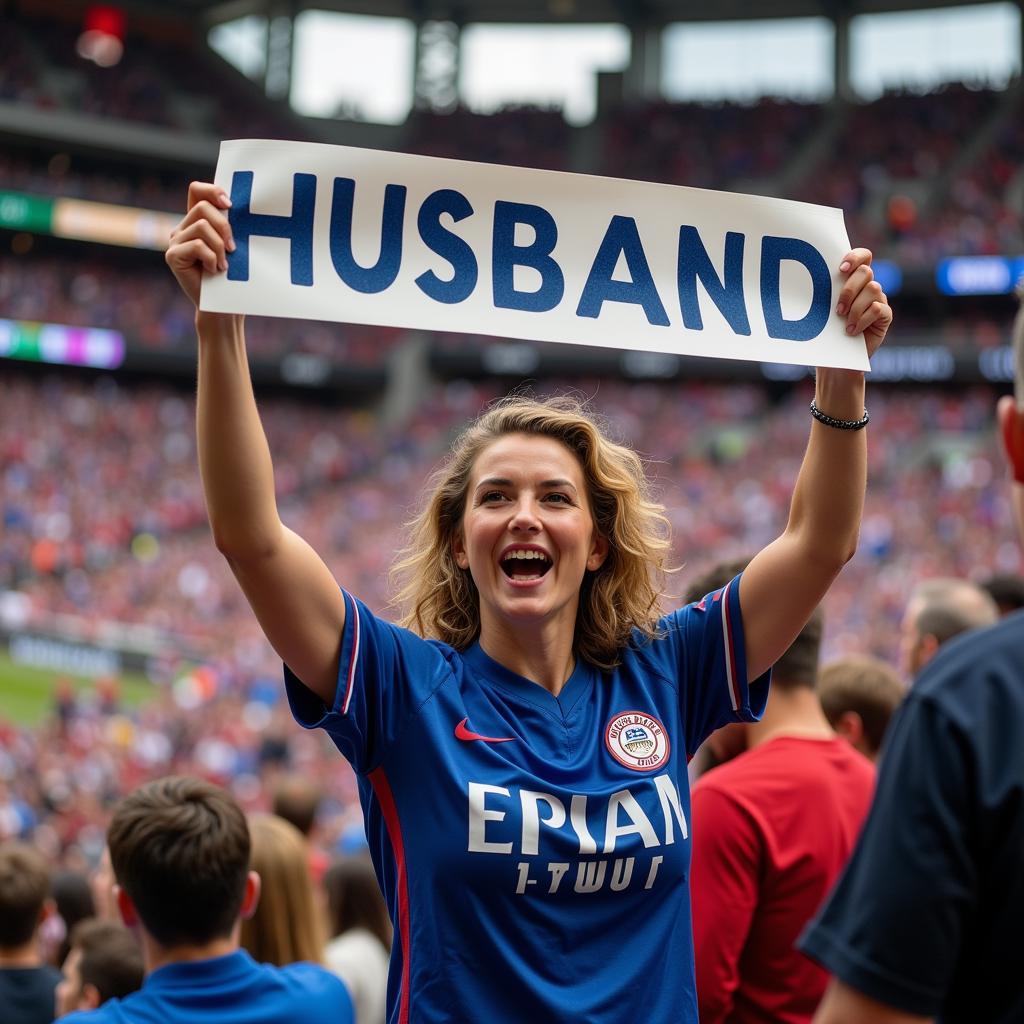 A Vietnamese footballer's wife cheering her husband on from the stands.