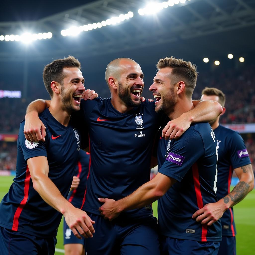 Group of French players celebrating in the Premier League