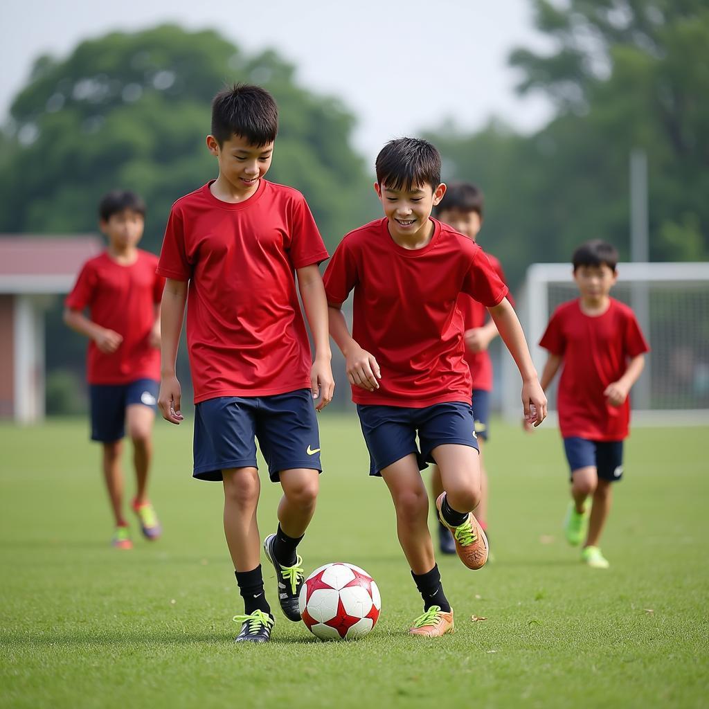 Young football players from Hai Duong training with aspirations of becoming future stars.