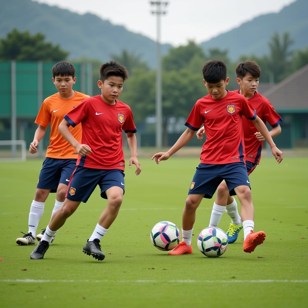 Future of Vietnamese Football: A group photo of young Vietnamese football players training, representing the next generation of talent.