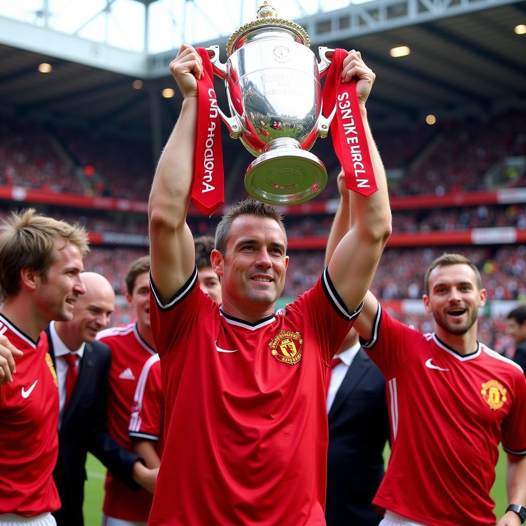 Gary Neville lifts the Premier League trophy as Manchester United captain