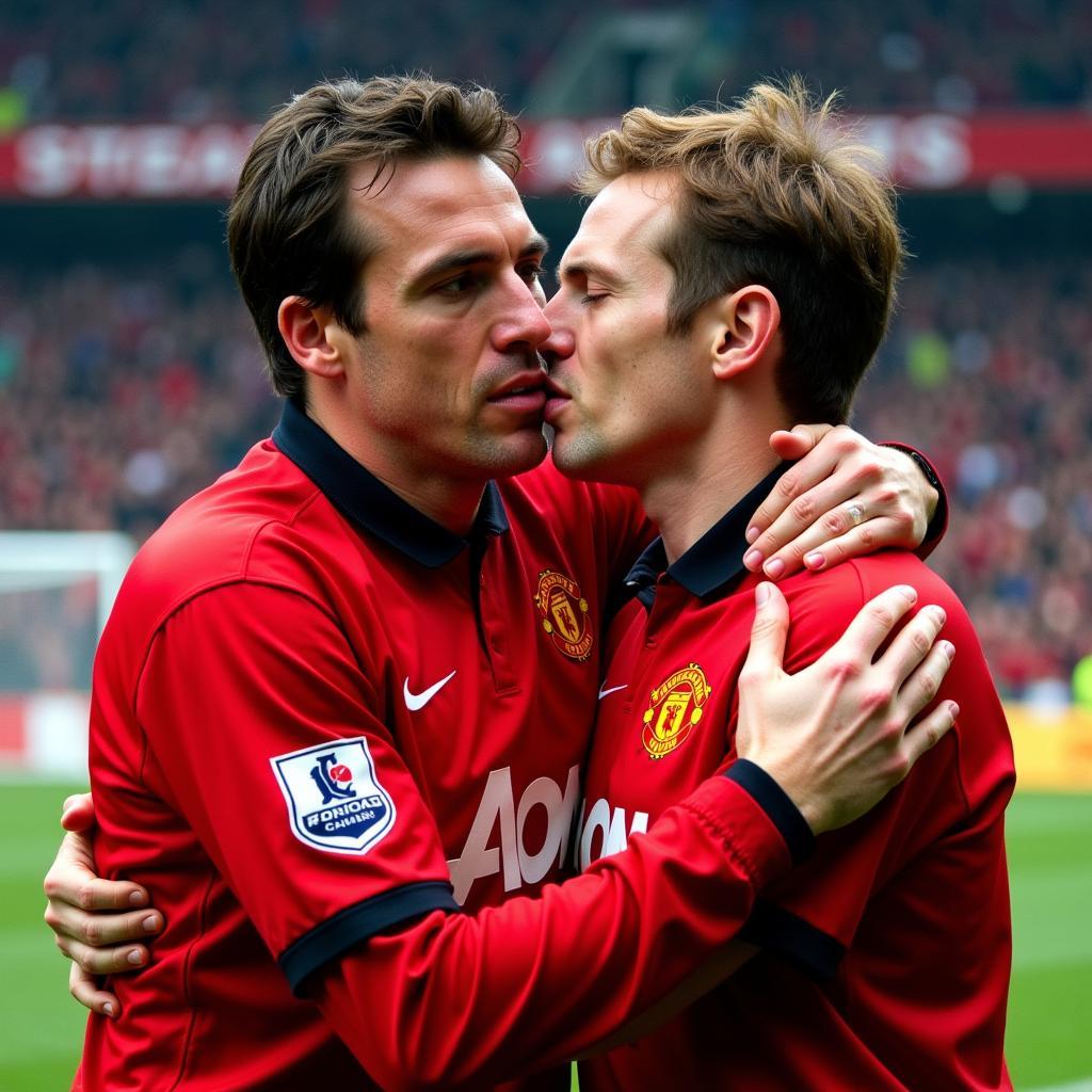 Gary Neville and Paul Scholes embrace and kiss in celebration after a Manchester United goal.