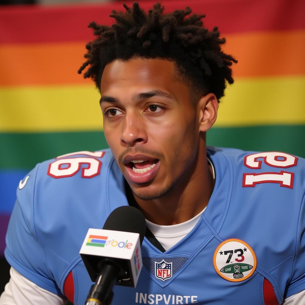 A gay football player being interviewed, sharing his story and inspiring others.