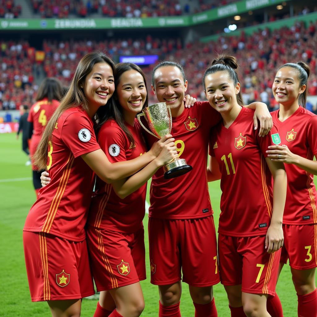 U23 Vietnam players and their girlfriends celebrating a victory