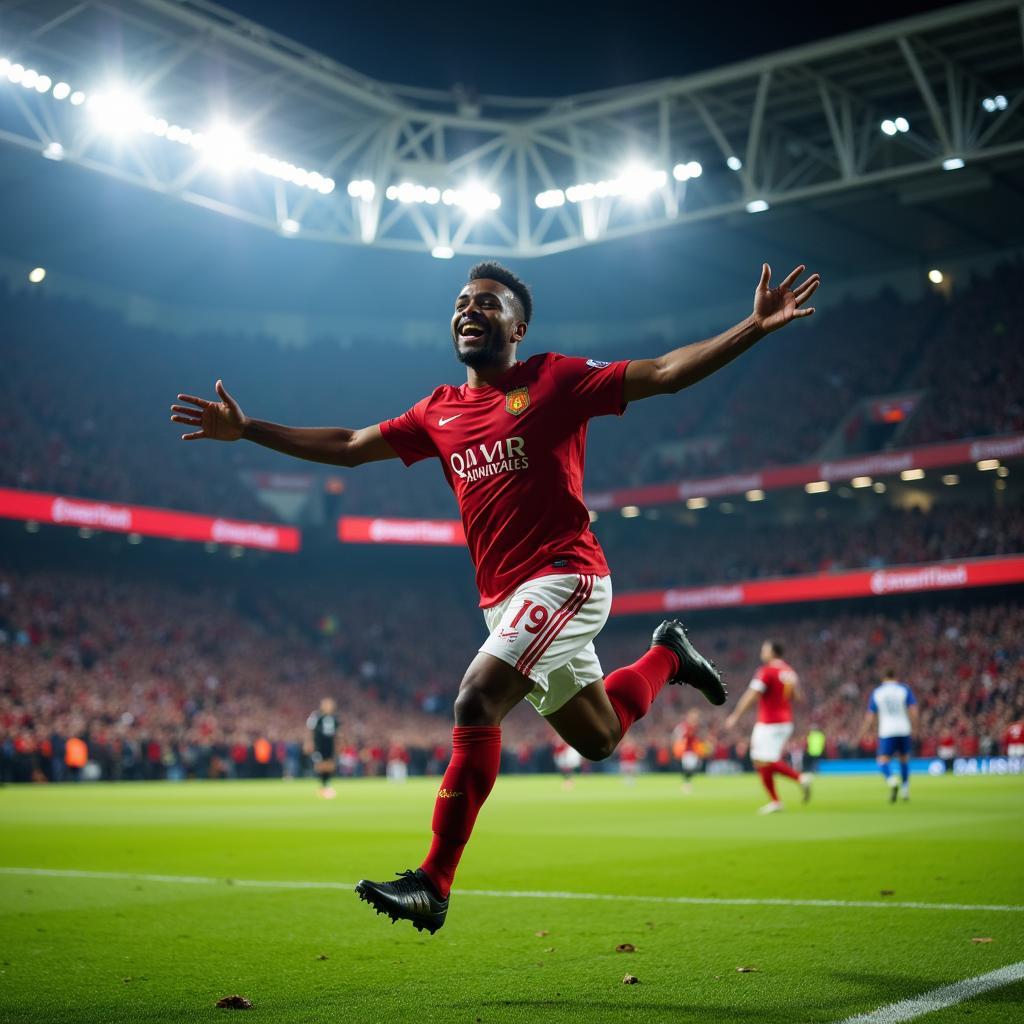 Celebrating a Goal in a Packed Football Stadium