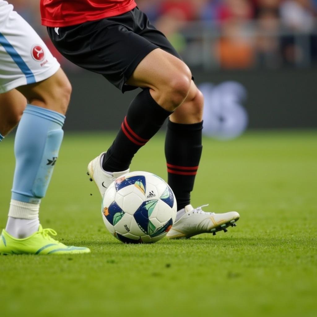 A football player skillfully dribbling past an opponent