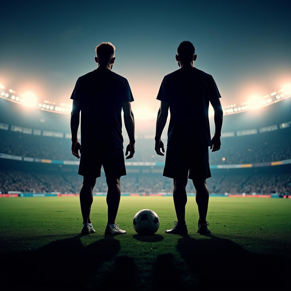 Silhouettes of Haaland and Mbappé against a stadium backdrop.