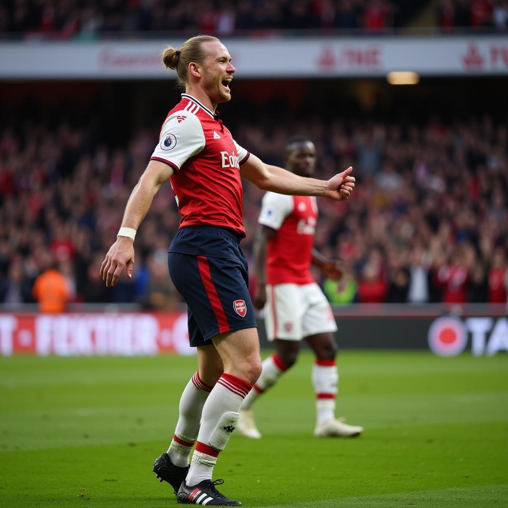 Haaland celebrating a Champions League goal with an Arsenal-inspired backdrop