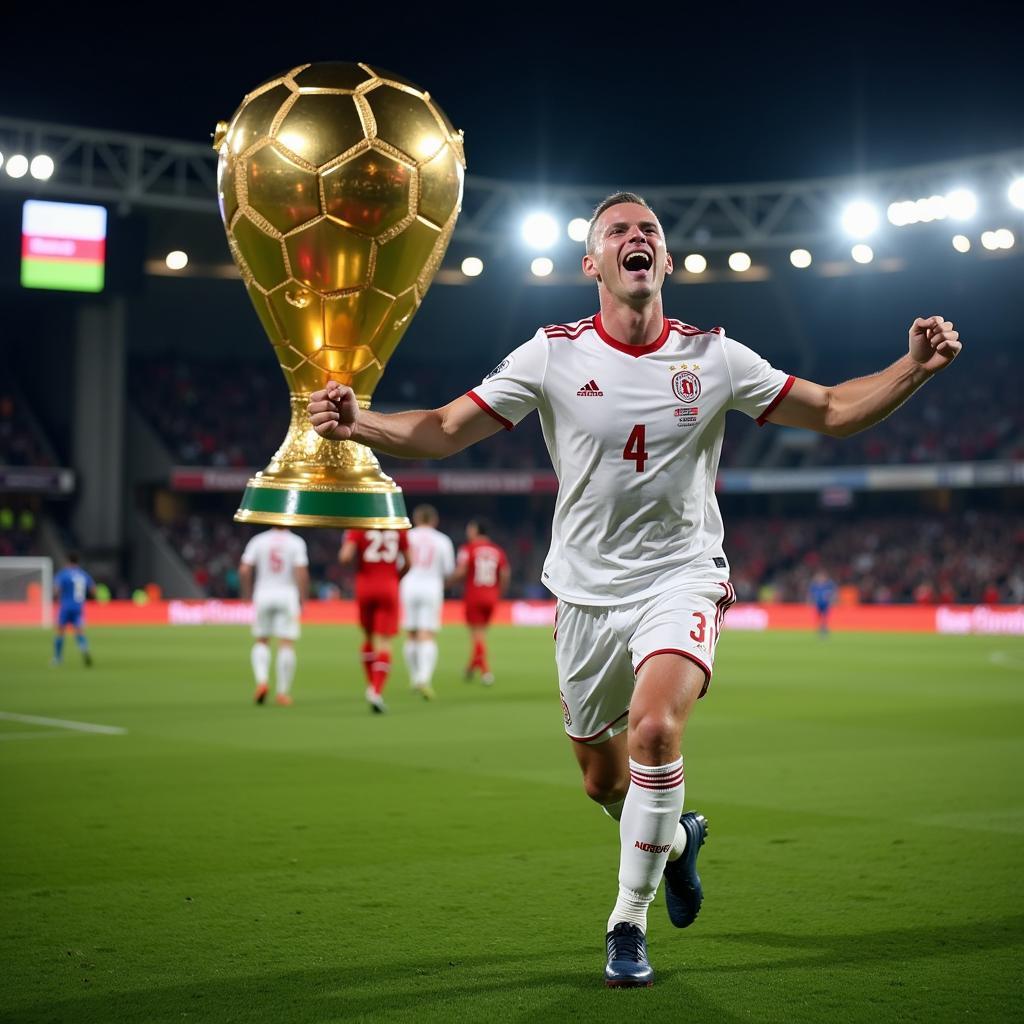 Haaland Celebrating a Goal with the Ballon d'Or in the Background