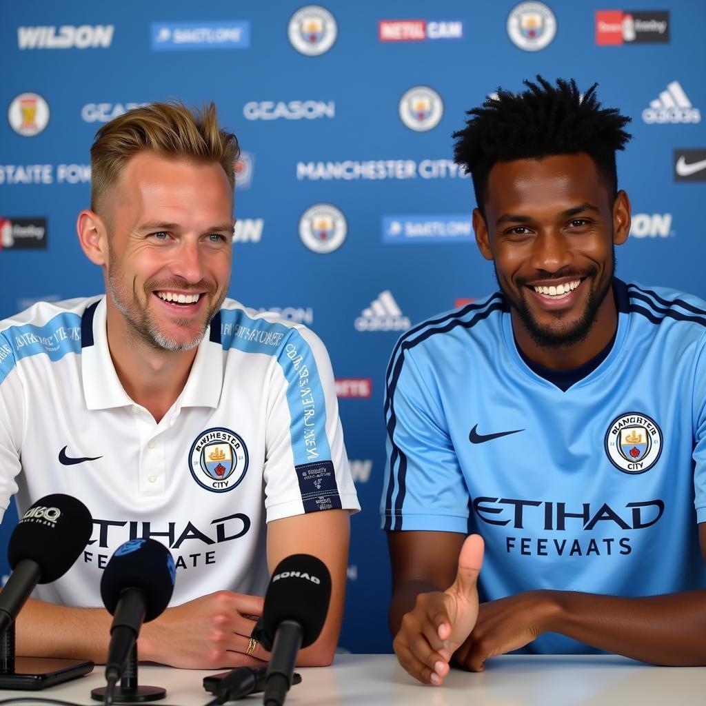 Erling Haaland and Omar Berrada at a Press Conference