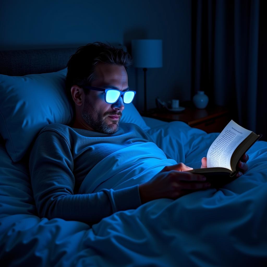 Erling Haaland wearing blue light glasses while reading before bed