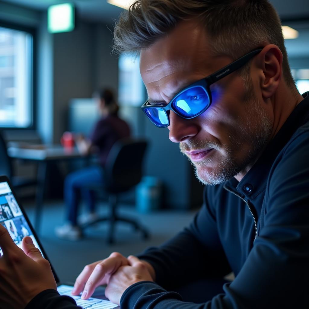 Haaland wearing blue light blocking glasses during training