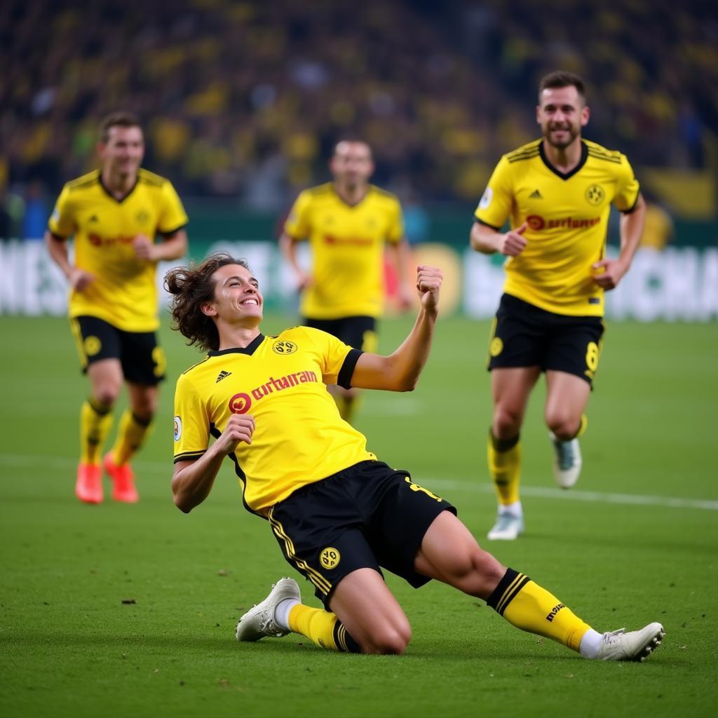 Erling Haaland celebrating a goal with his Borussia Dortmund teammates