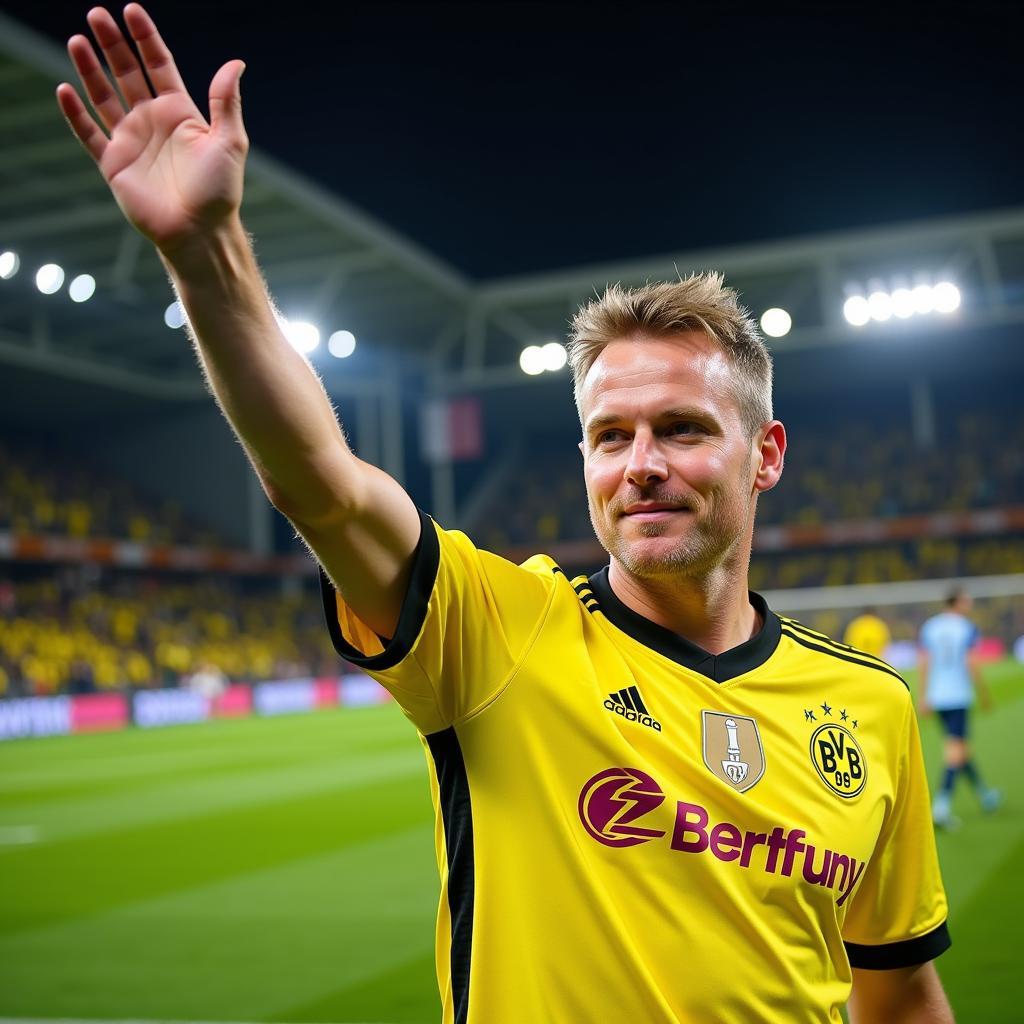 Erling Haaland waves goodbye to Bundesliga fans.