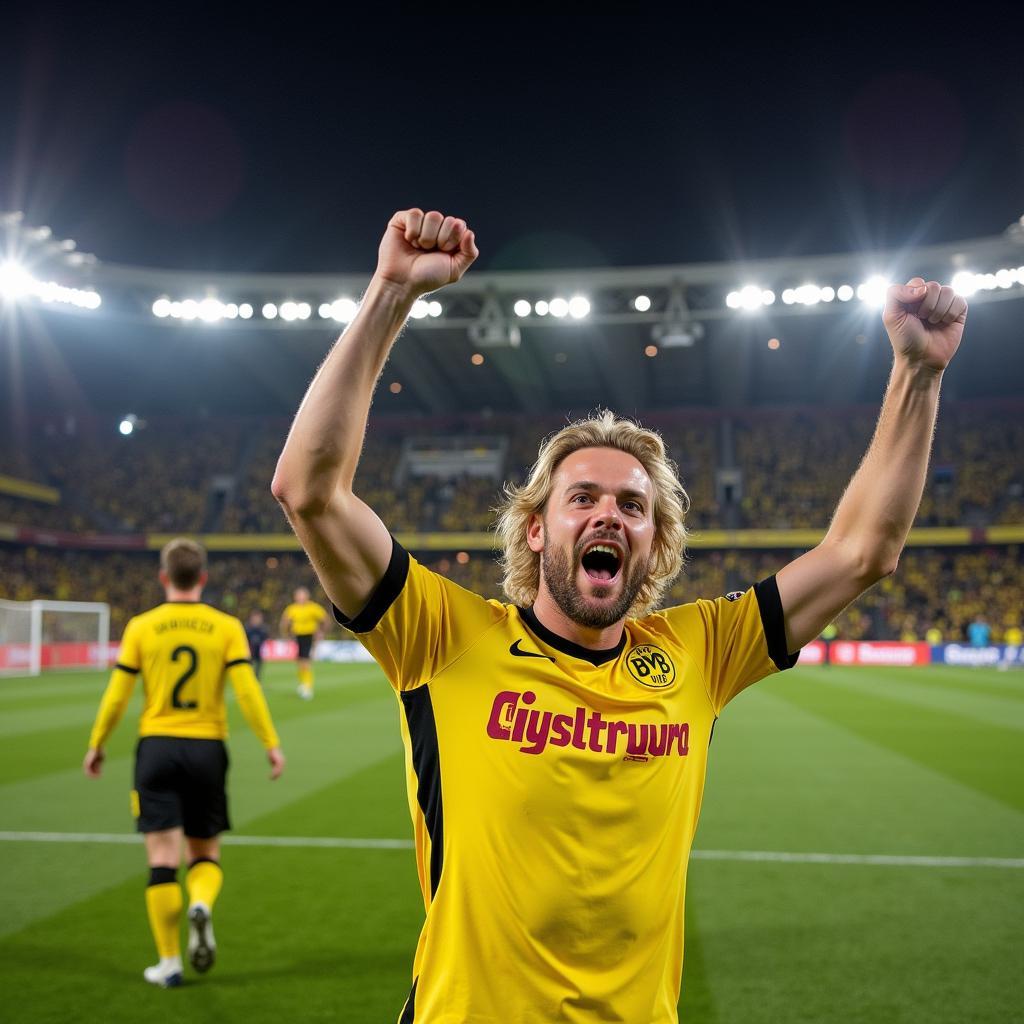 Haaland celebrating a goal with Dortmund fans