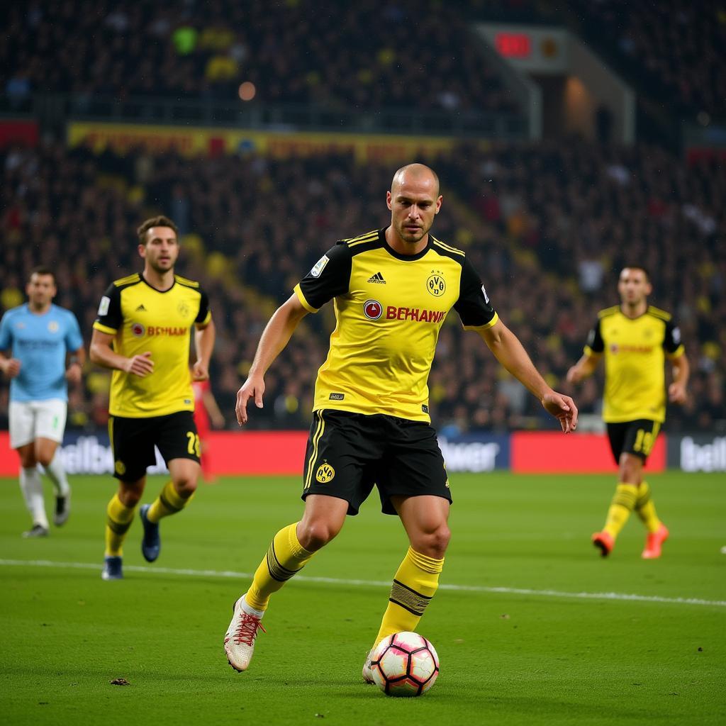 Haaland scoring a crucial goal in the Champions League while wearing the BVB shirt