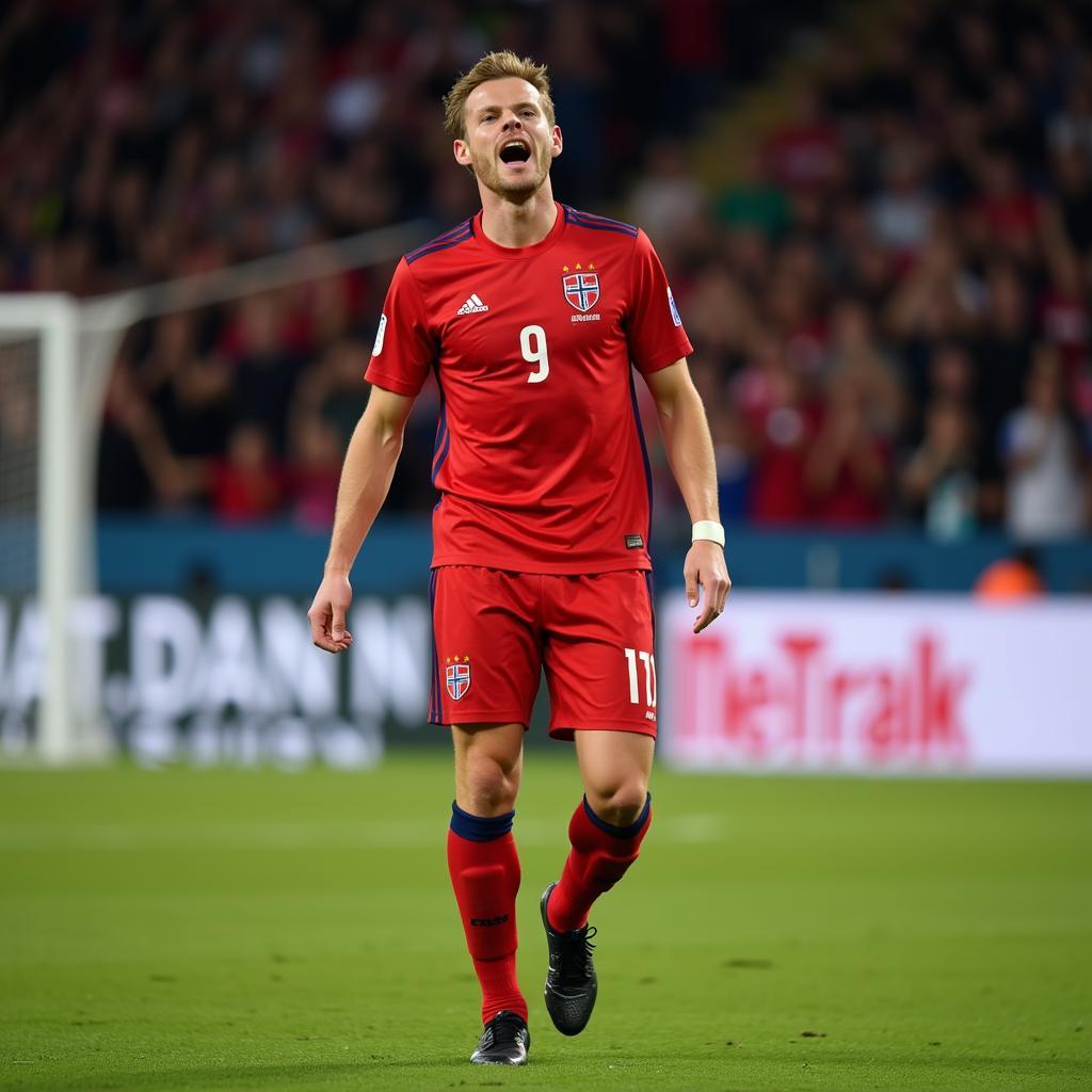 Erling Haaland celebrates scoring a goal for Norway