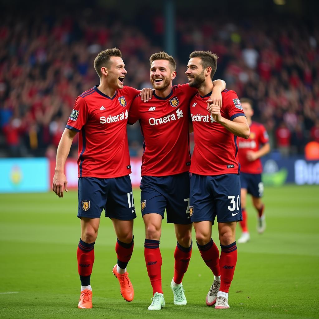 Haaland celebrating a goal with his teammates