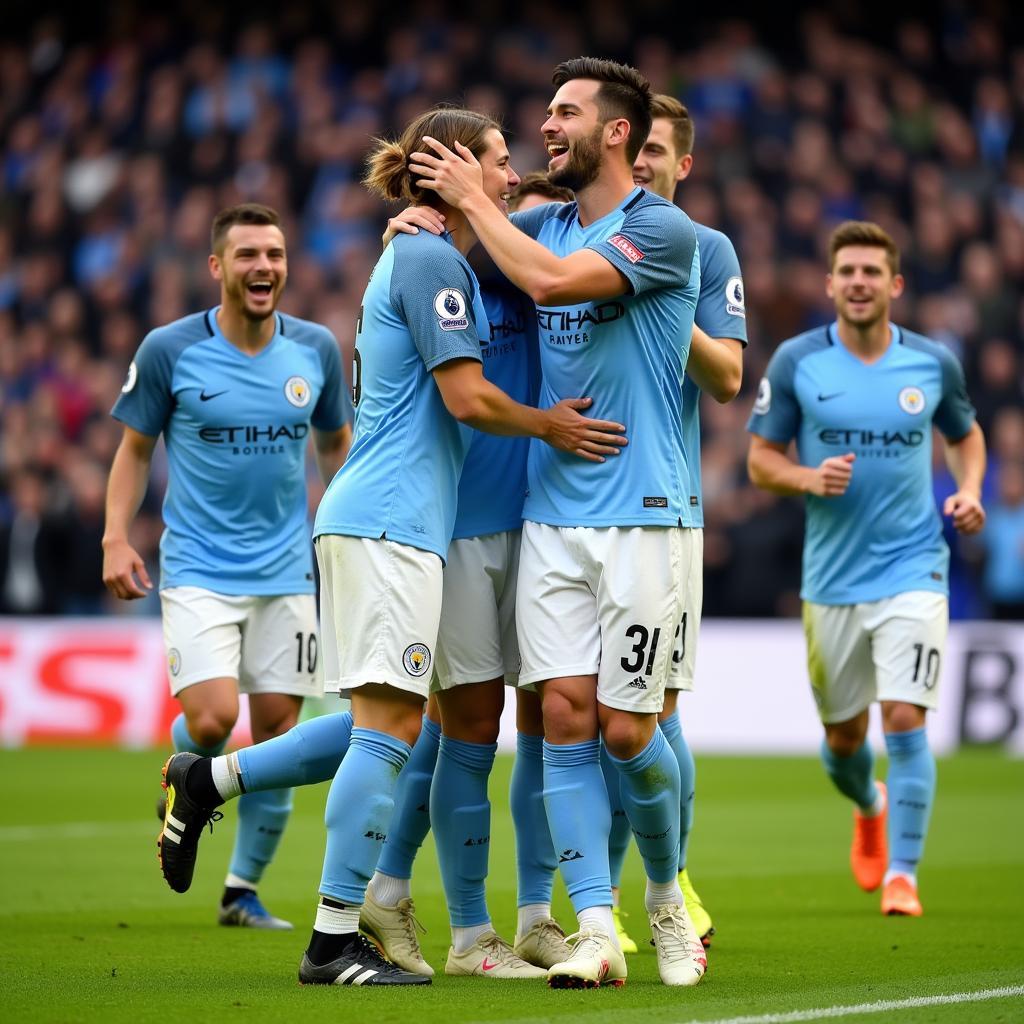 Haaland celebrates a goal with Manchester City teammates