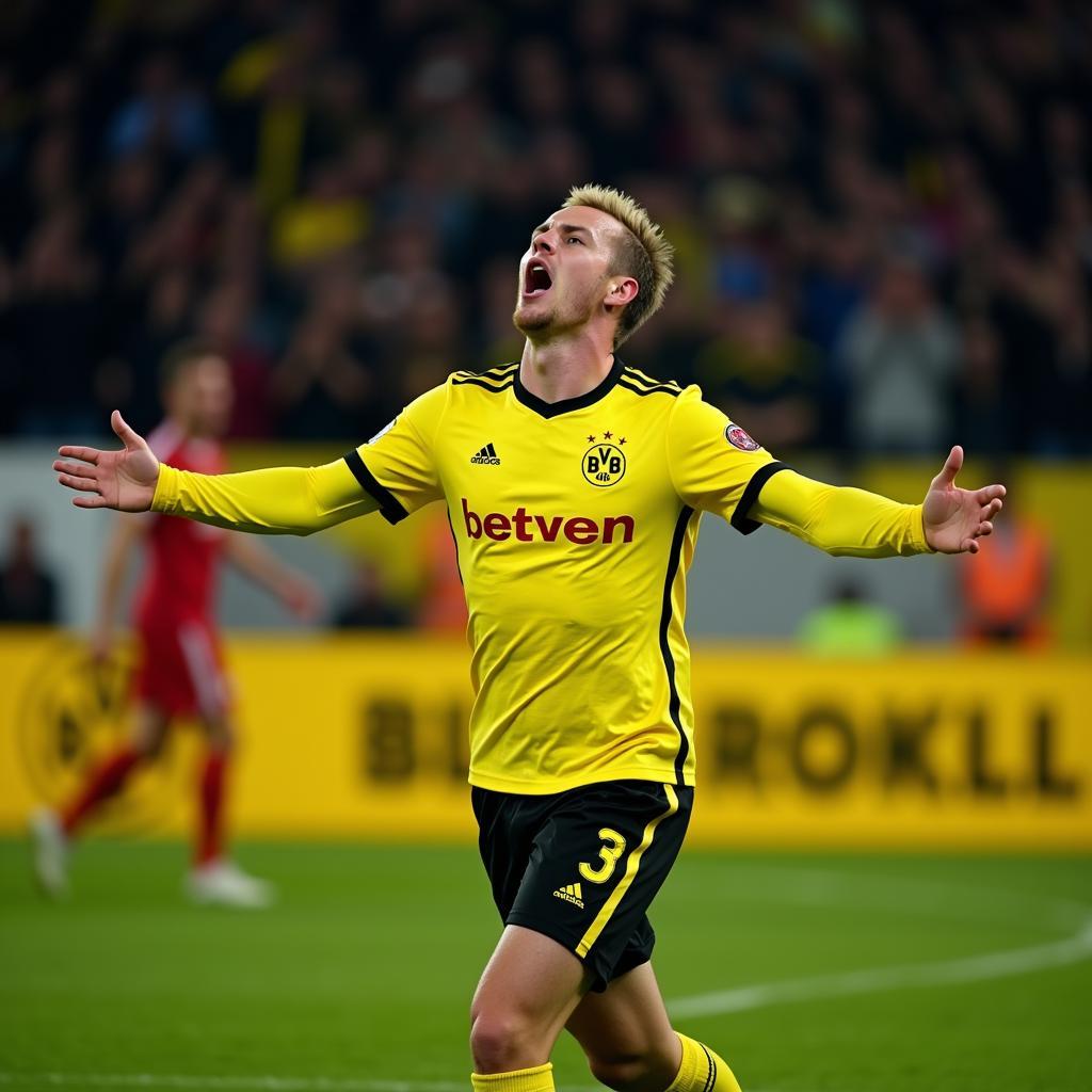 Haaland Celebrating a Goal in Dortmund Colors