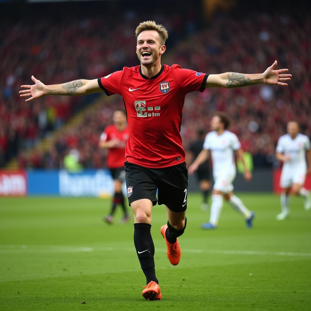 Erling Haaland celebrating a goal, his Nike Mercurial boots prominent in the foreground.