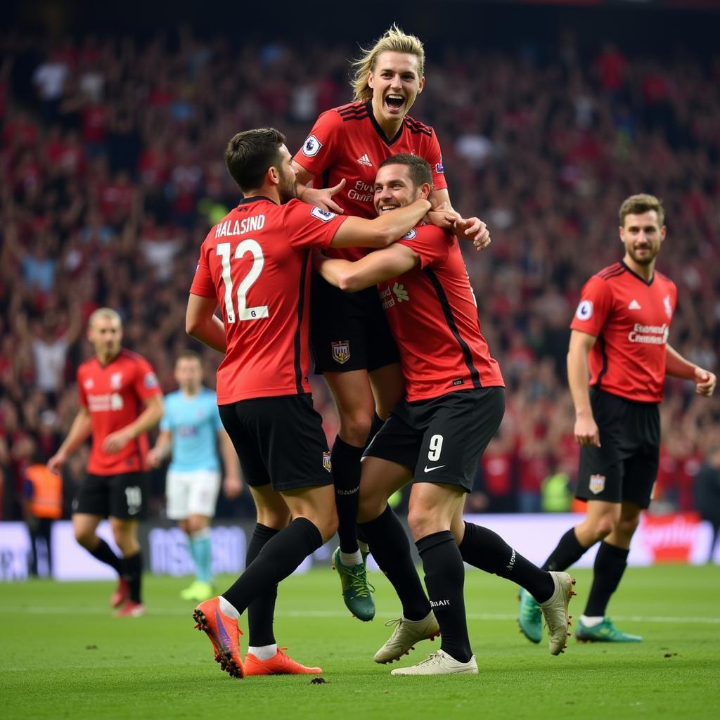 Erling Haaland celebrating a goal with his teammates