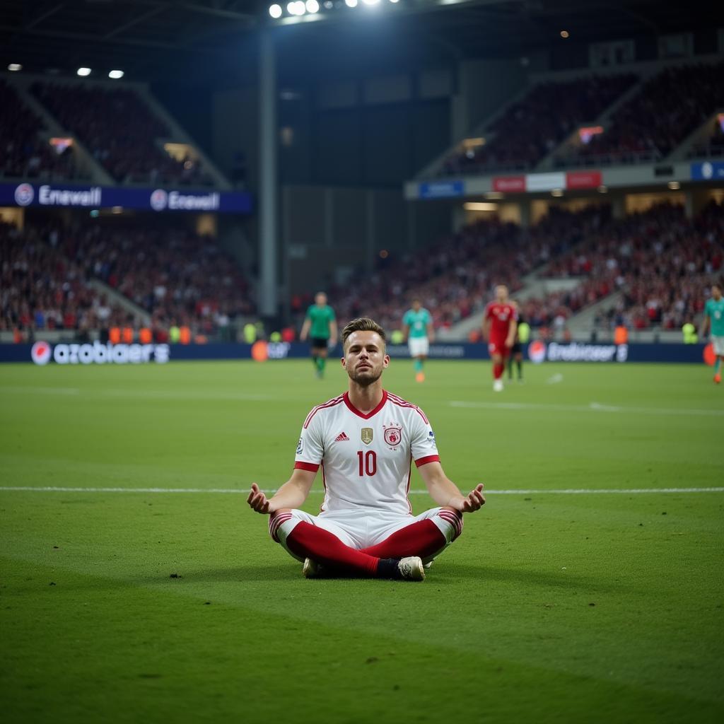 Haaland celebrating a goal with his signature meditation pose