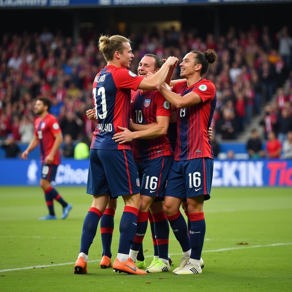 Haaland celebrating a goal with his teammates