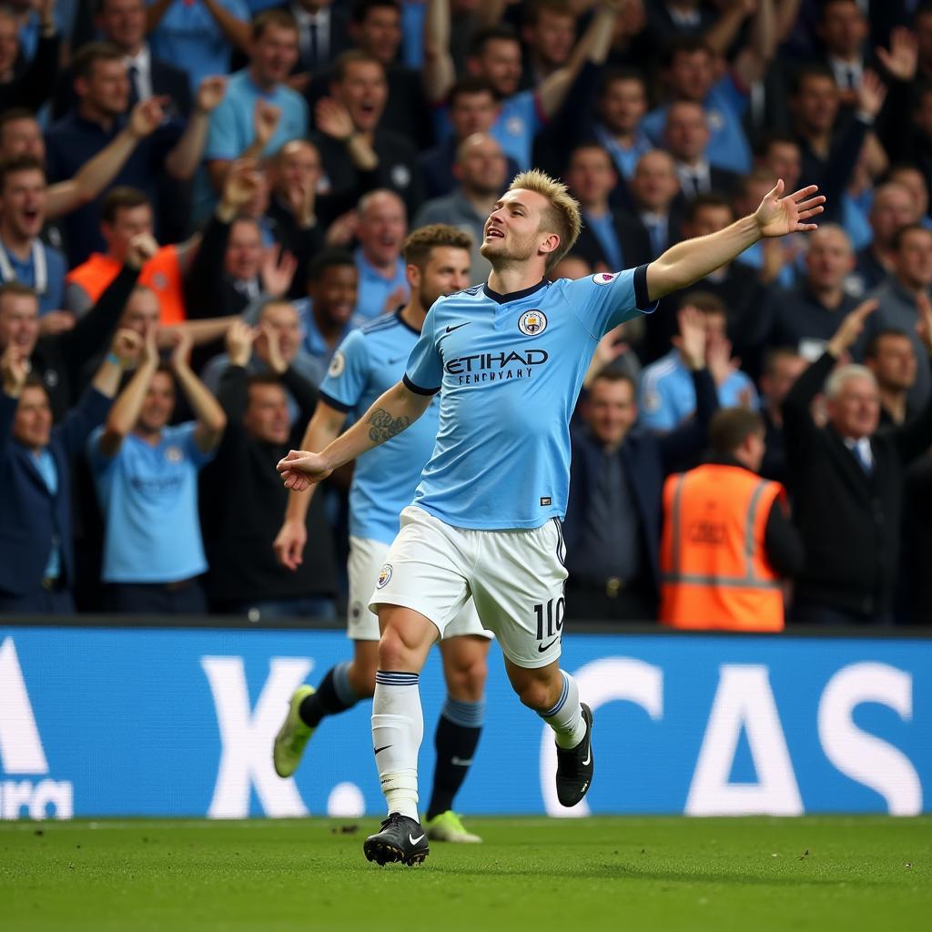 Haaland celebrating a goal at the Etihad Stadium