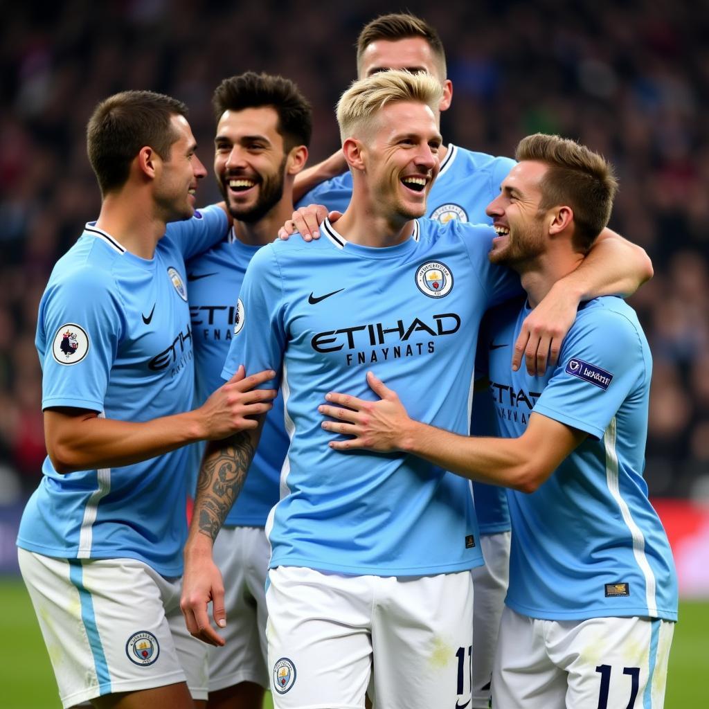 Haaland celebrating a goal with Man City teammates